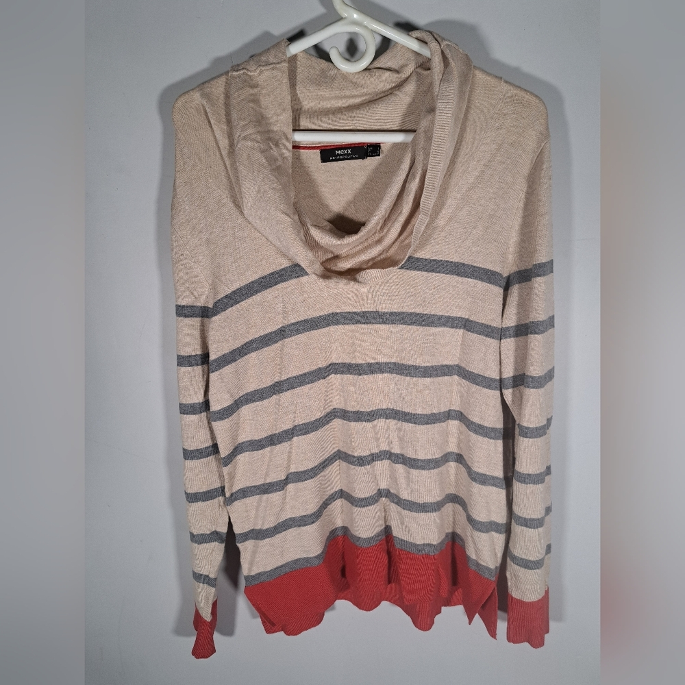 Mexx Cowl Neck Cream and Grey Striped Long Sleeve Size Large